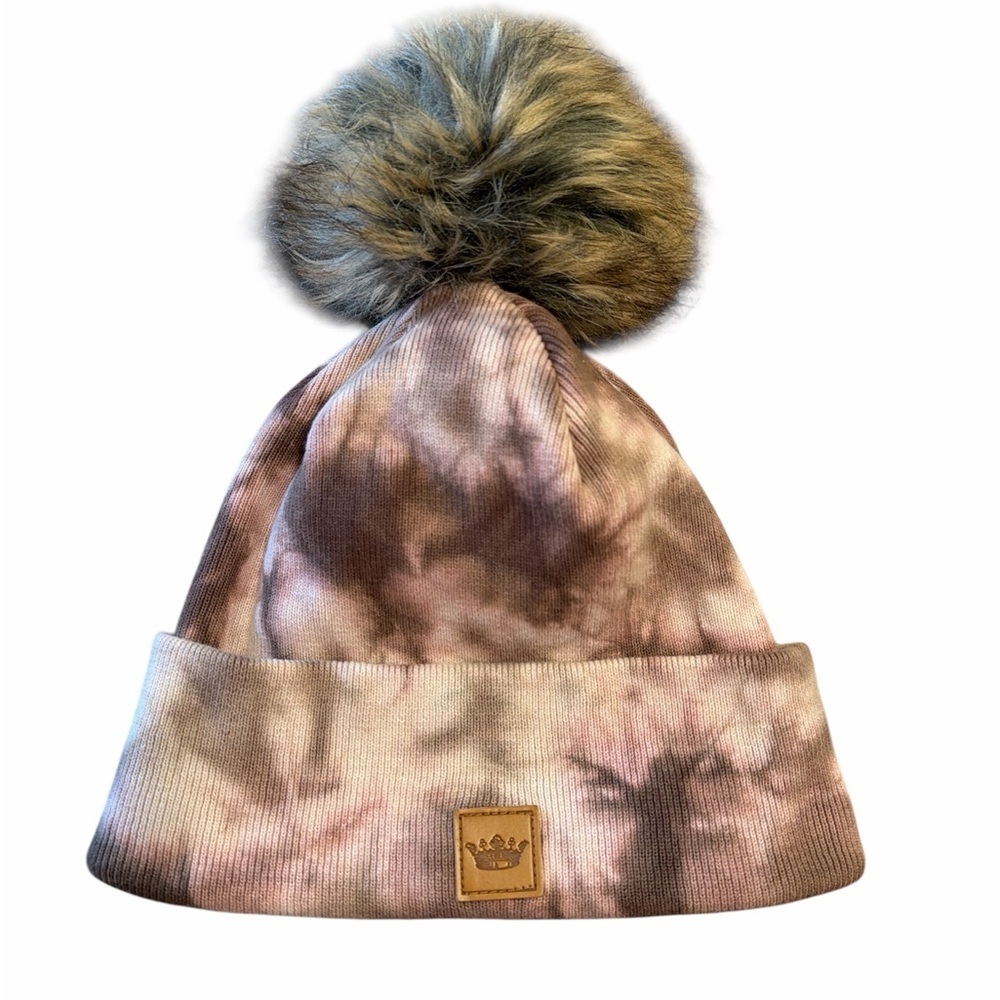 Panache Beanie Blush Taupe Mocha Tie Die Winter Hat Faux Fur Pom Pom Stretchy